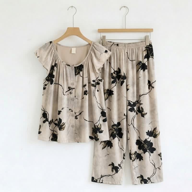 Elegant Ink Style Floral Loungewear Set