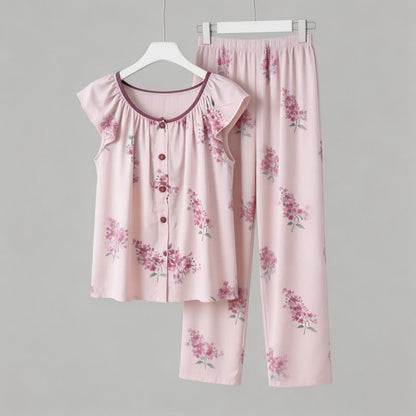 Floral Flutter Sleeve Button Front  Pajamas