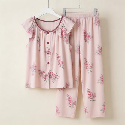 Floral Flutter Sleeve Button Front  Pajamas