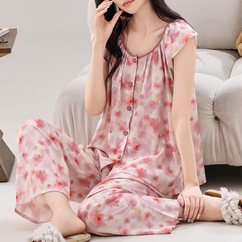 Pink Floral Button Front Loungewear Set