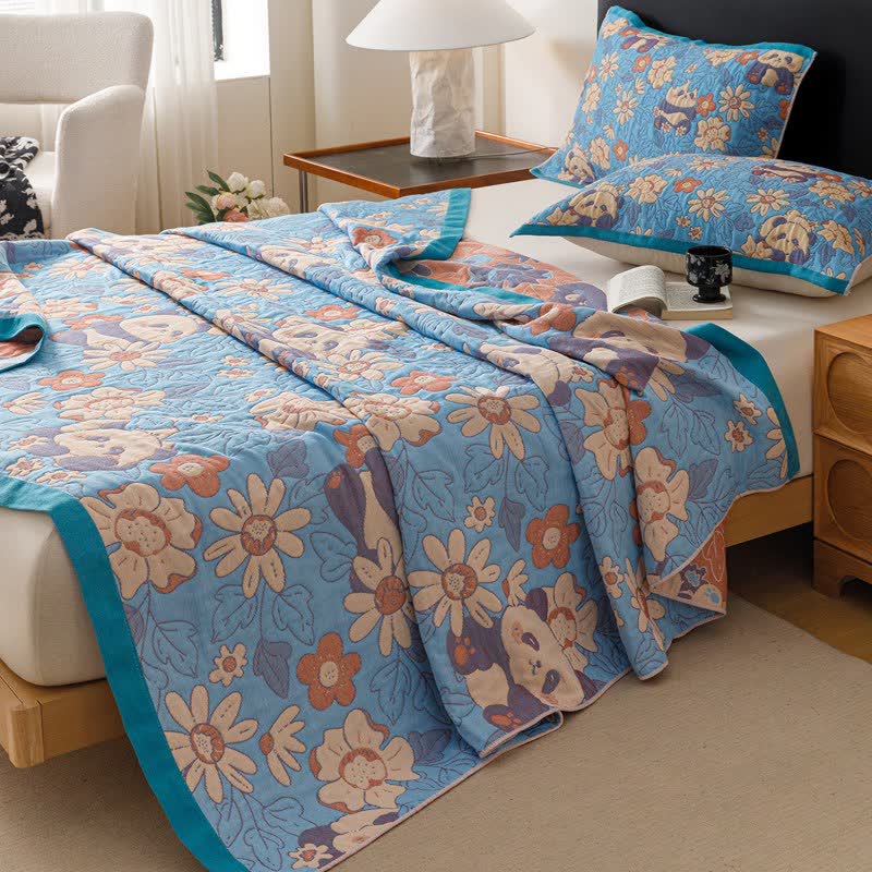 Floral & Panda Cotton Gauze Quilt Blanket