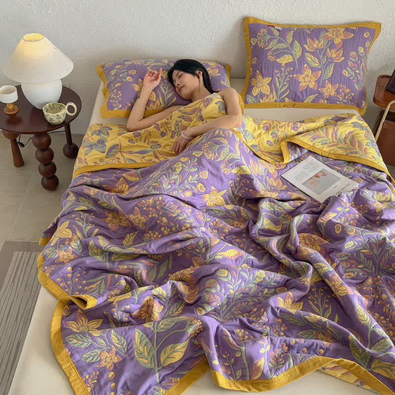 Pastoral Floral & Leaf Cotton Gauze Quilt Blanket