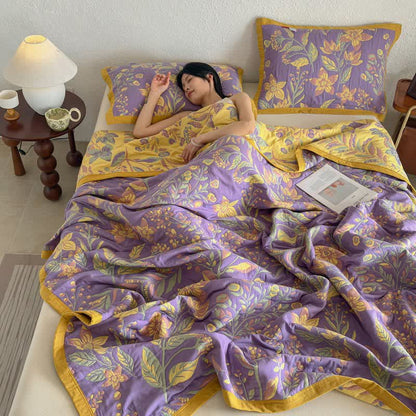 Pastoral Floral & Leaf Cotton Gauze Quilt Blanket