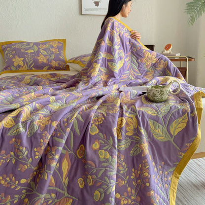 Pastoral Floral & Leaf Cotton Gauze Quilt Blanket