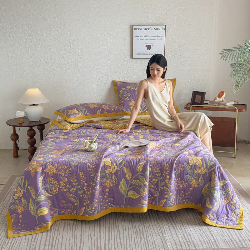 Pastoral Floral & Leaf Cotton Gauze Quilt Blanket