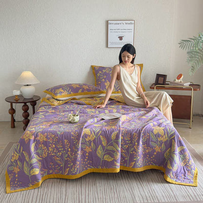 Pastoral Floral & Leaf Cotton Gauze Quilt Blanket