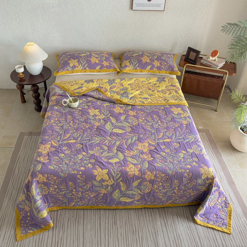 Pastoral Floral & Leaf Cotton Gauze Quilt Blanket