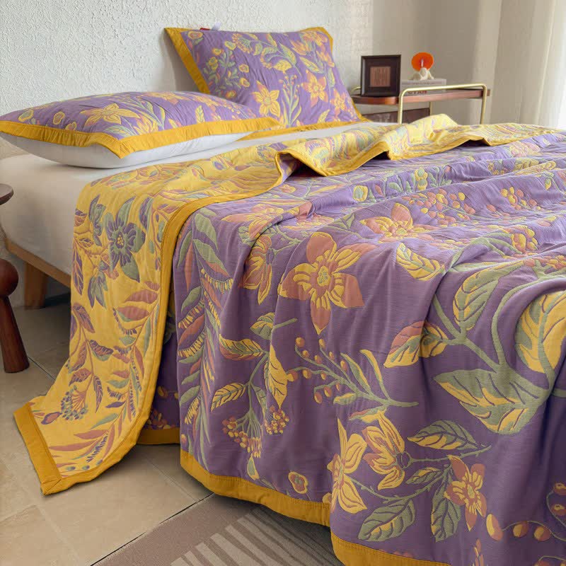 Pastoral Floral & Leaf Cotton Gauze Quilt Blanket