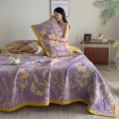 Pastoral Floral & Leaf Cotton Gauze Quilt Blanket