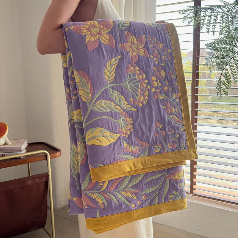 Pastoral Floral & Leaf Cotton Gauze Quilt Blanket