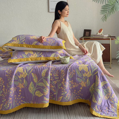 Pastoral Floral & Leaf Cotton Gauze Quilt Blanket