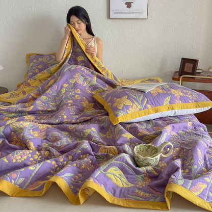 Pastoral Floral & Leaf Cotton Gauze Quilt Blanket