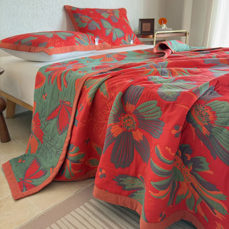Artistic Floral & Butterfly Cotton Gauze Quilt Blanket