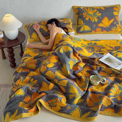 Artistic Floral & Butterfly Cotton Gauze Quilt Blanket