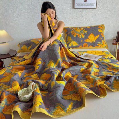 Artistic Floral & Butterfly Cotton Gauze Quilt Blanket