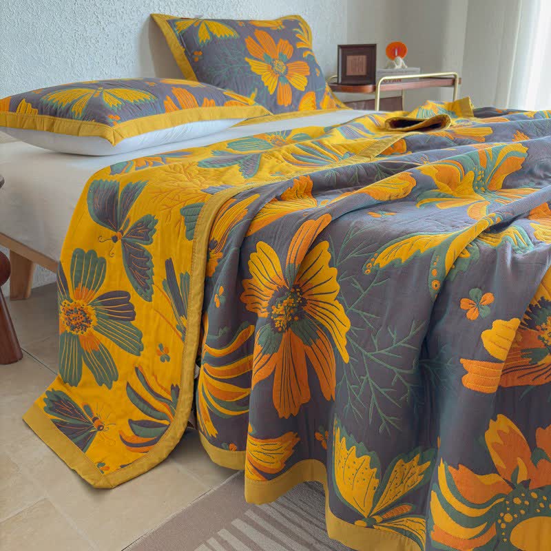 Artistic Floral & Butterfly Cotton Gauze Quilt Blanket