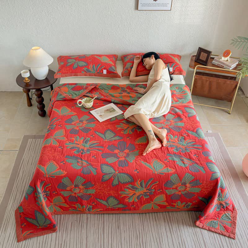 Artistic Floral & Butterfly Cotton Gauze Quilt Blanket