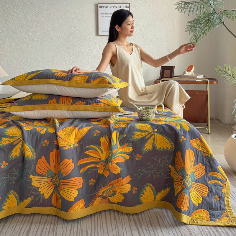 Artistic Floral & Butterfly Cotton Gauze Quilt Blanket