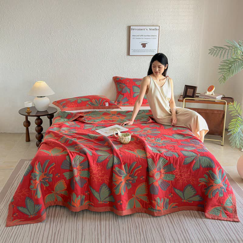 Artistic Floral & Butterfly Cotton Gauze Quilt Blanket