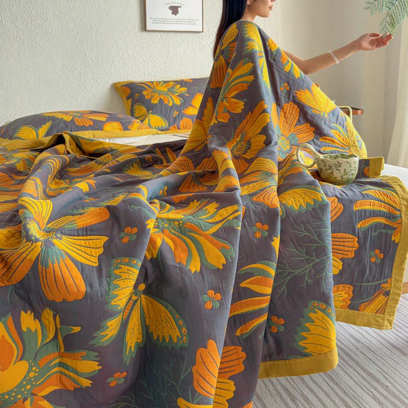 Artistic Floral & Butterfly Cotton Gauze Quilt Blanket