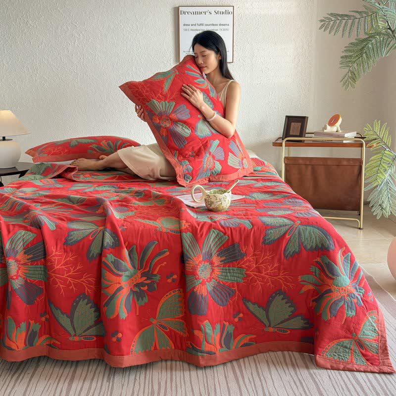 Artistic Floral & Butterfly Cotton Gauze Quilt Blanket