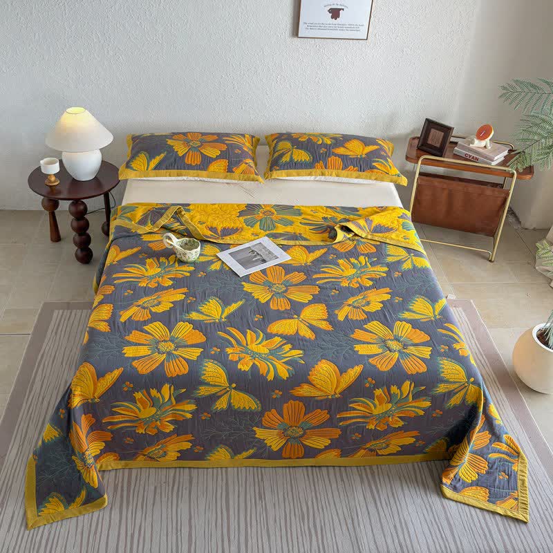 Artistic Floral & Butterfly Cotton Gauze Quilt Blanket