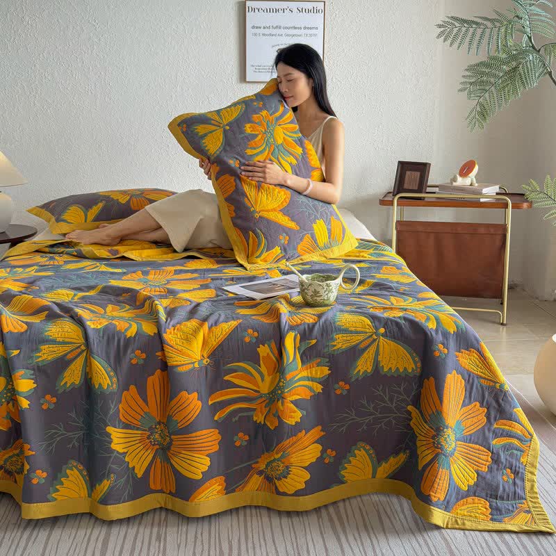 Artistic Floral & Butterfly Cotton Gauze Quilt Blanket