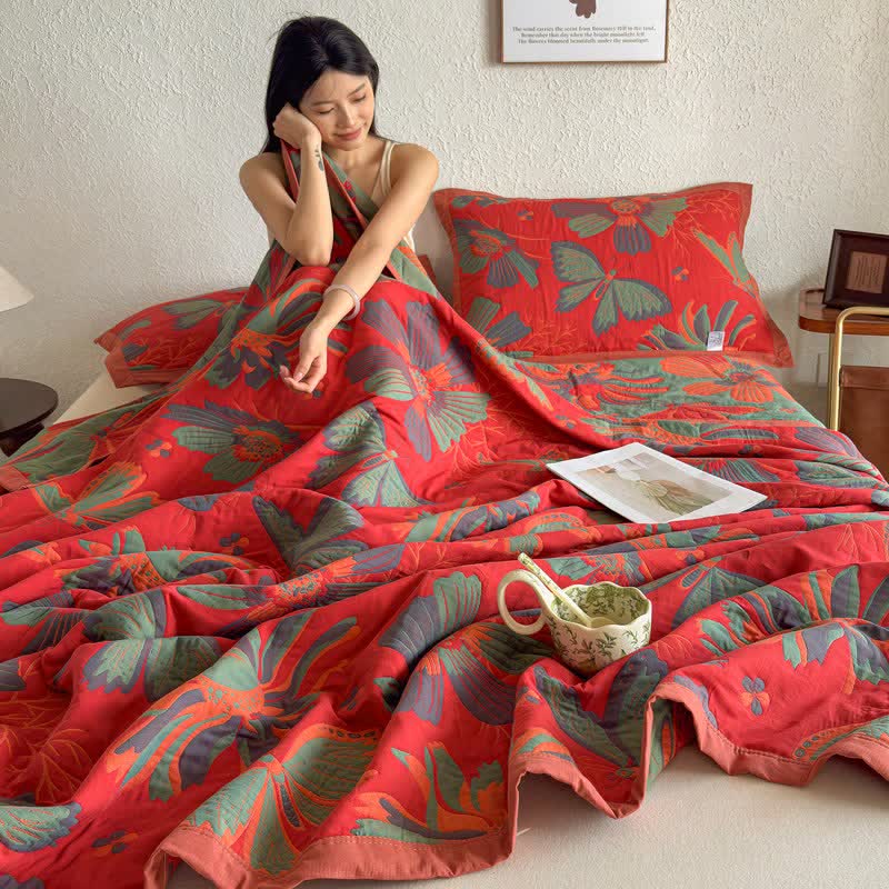 Artistic Floral & Butterfly Cotton Gauze Quilt Blanket