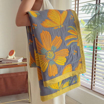 Artistic Floral & Butterfly Cotton Gauze Quilt Blanket
