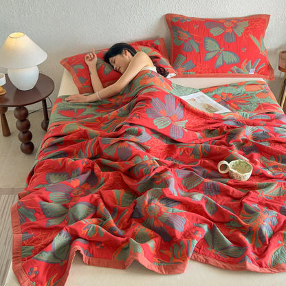 Artistic Floral & Butterfly Cotton Gauze Quilt Blanket