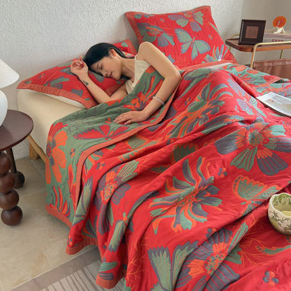 Artistic Floral & Butterfly Cotton Gauze Quilt Blanket