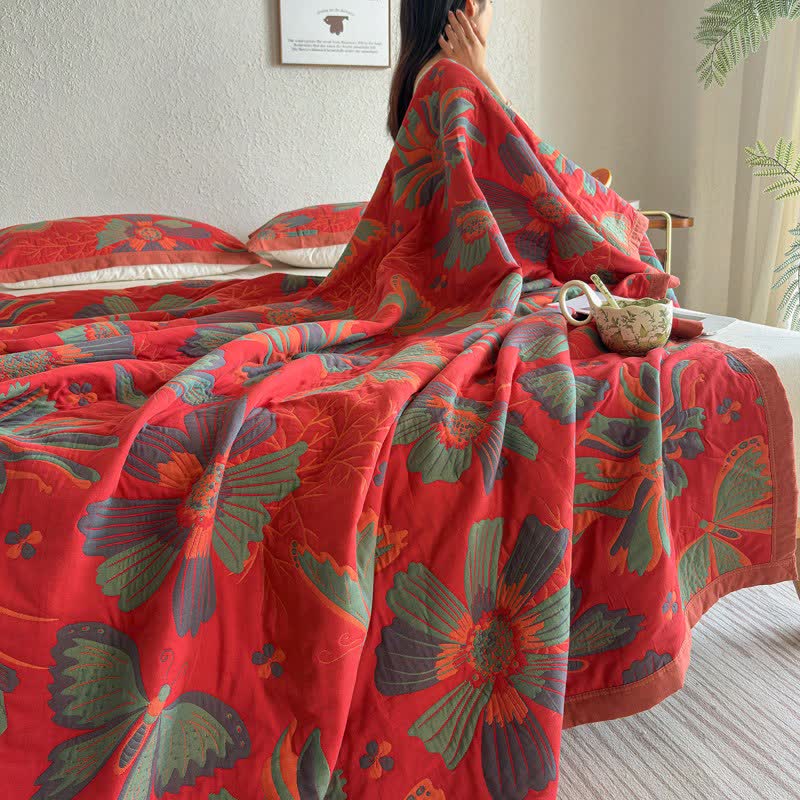Artistic Floral & Butterfly Cotton Gauze Quilt Blanket