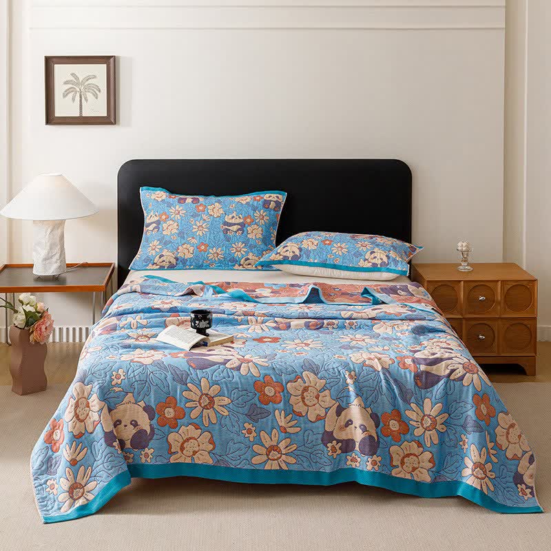 Floral & Panda Cotton Gauze Quilt Blanket