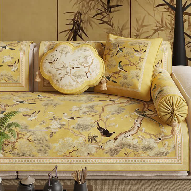 Oriental Floral Bird Print Sofa Protector