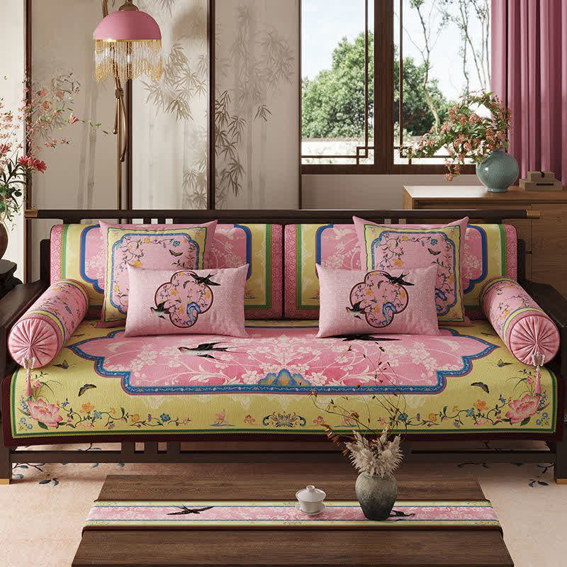 Oriental Lotus & Bird Print Sofa Protector