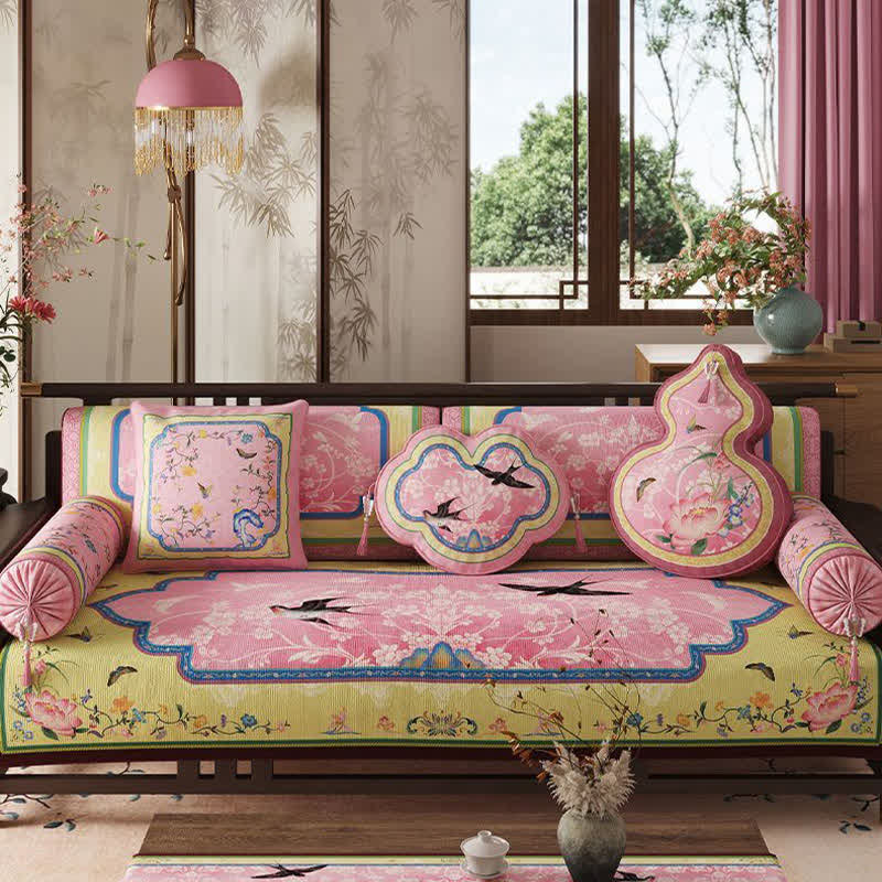 Oriental Lotus & Bird Print Sofa Protector