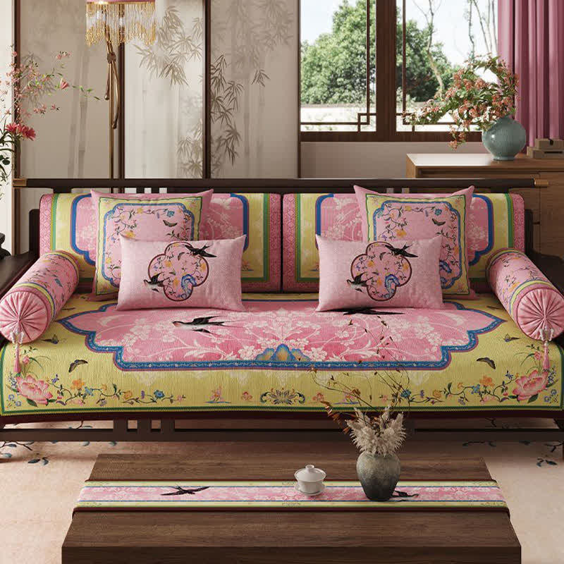 Oriental Lotus & Bird Print Sofa Protector