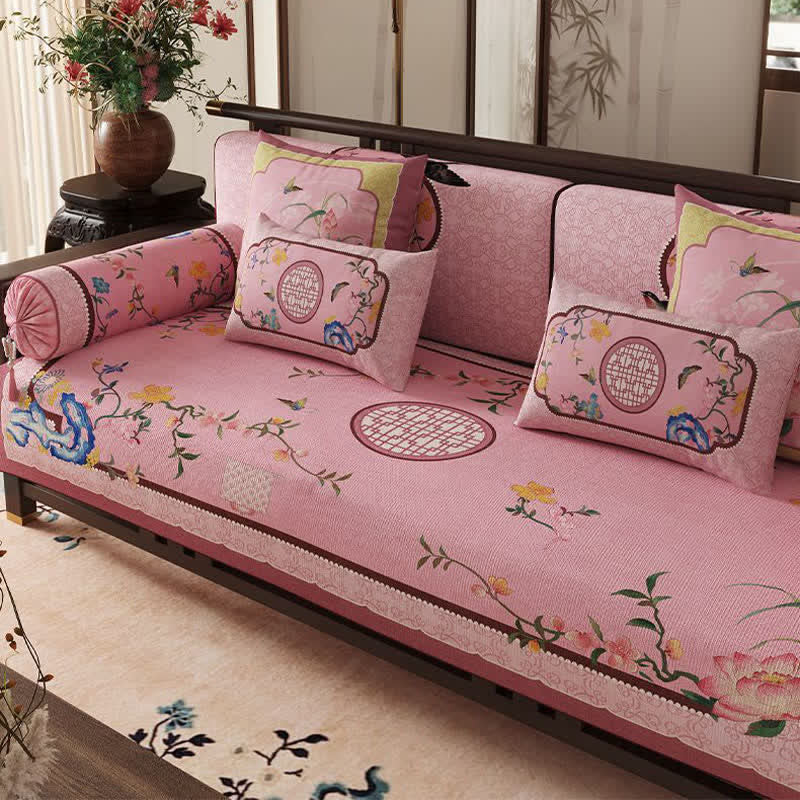 Vintage Oriental Lotus Flower Sofa Protector Bird Couch Cover Couch Protector Dustproof Floral Lotus newin260414 Pink Sofa Blanket Sofa Cover Sofa Protector