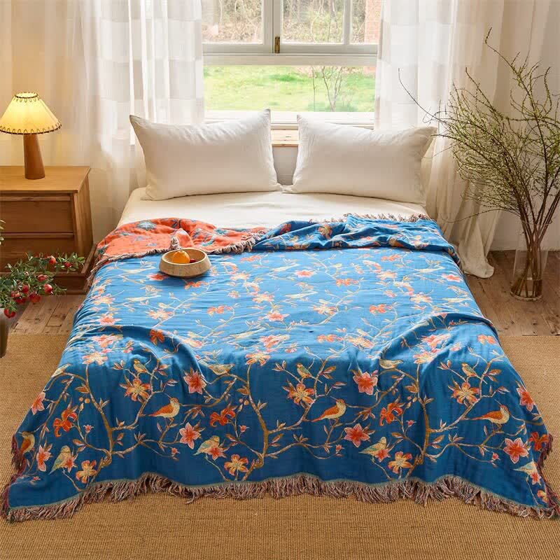Floral & Magpie Tassel Cotton Gauze Quilt Blanket