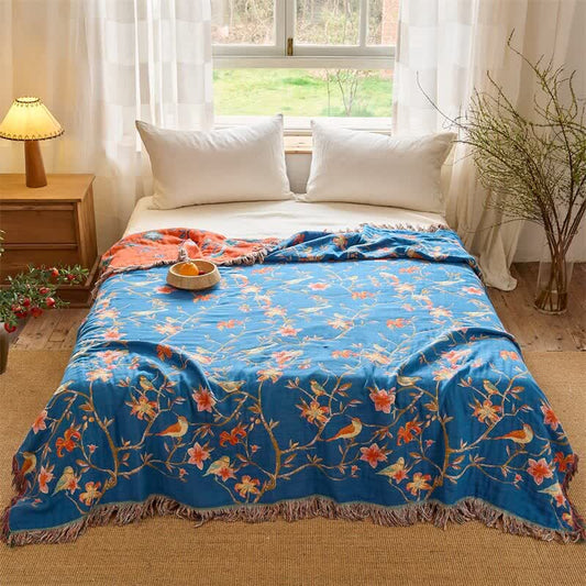Floral & Magpie Tassel Cotton Gauze Quilt Blanket