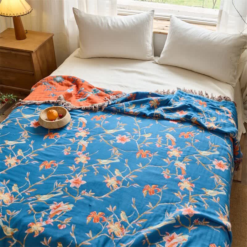 Floral & Magpie Tassel Cotton Gauze Quilt Blanket