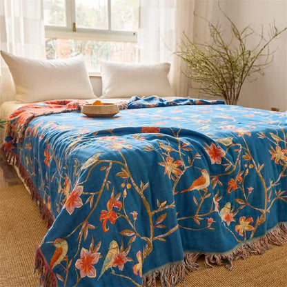 Floral & Magpie Tassel Cotton Gauze Quilt Blanket
