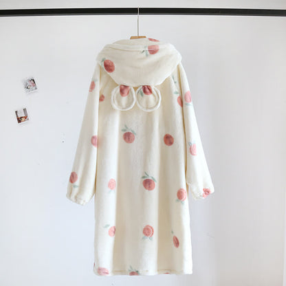 Peach Print Plush Hooded Bathrobe