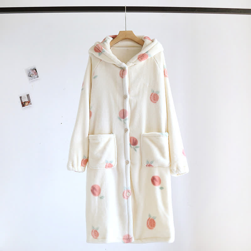 Peach Print Plush Hooded Bathrobe