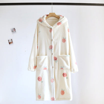 Peach Print Plush Hooded Bathrobe