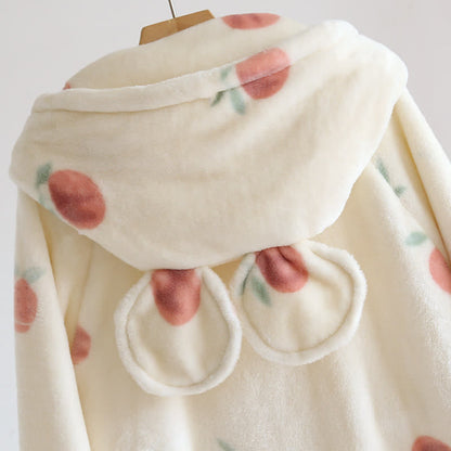 Peach Print Plush Hooded Bathrobe