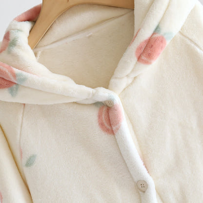 Peach Print Plush Hooded Bathrobe