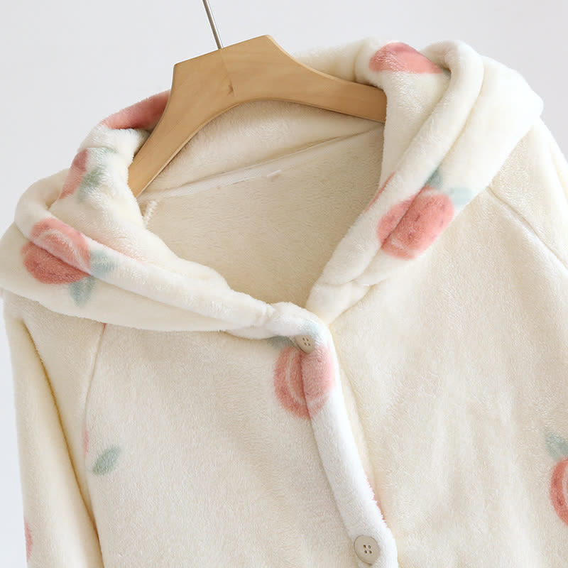 Peach Print Plush Hooded Bathrobe