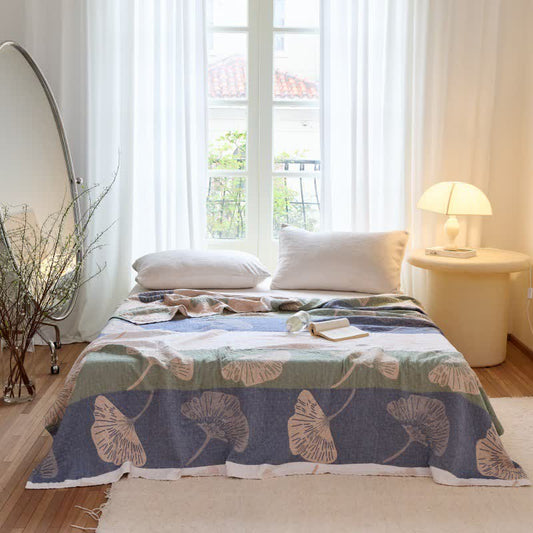 Striped Ginkgo Leaf Cotton Gauze Quilt Blanket