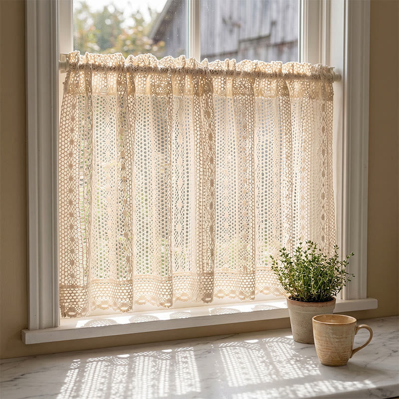 Bohemian Beige Dot Crochet Tier Curtain